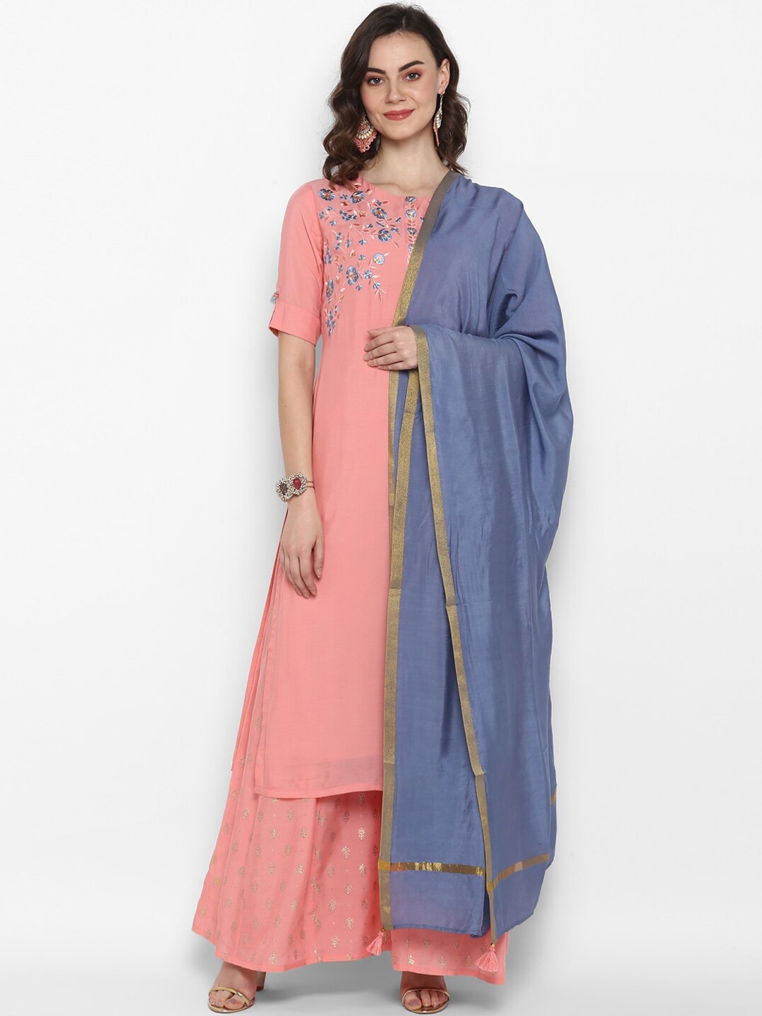 

Janasya Women Pink & Blue Embroidered Kurta with Palazzos & Dupatta