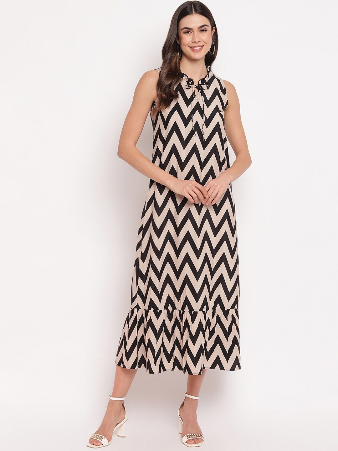 

Mayra Women Beige & Black Printed A-Line Dress