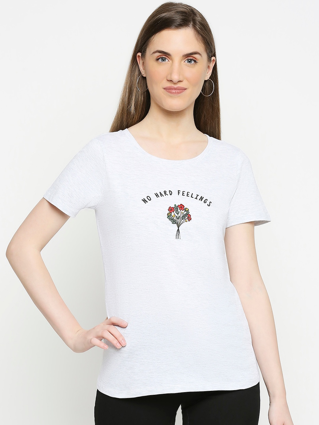 

Honey by Pantaloons Women Grey Melange Solid Round Neck T-shirt