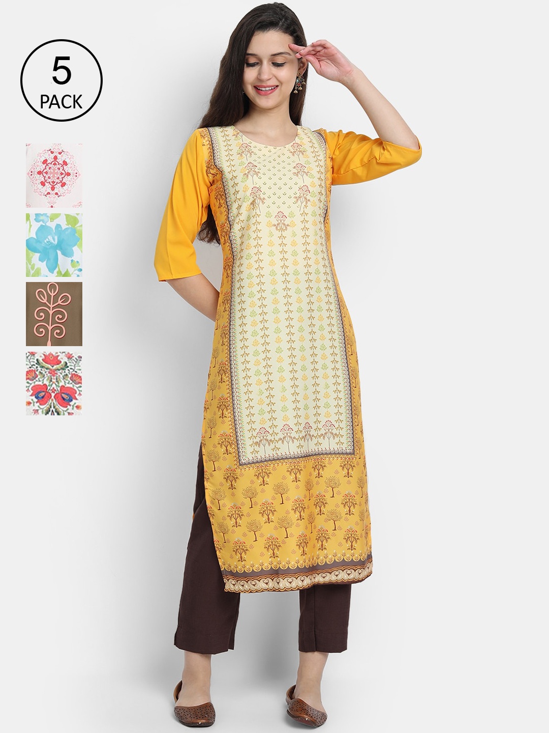 

7threads Women Pack of 5 Multicoloured Printed Crepe Kurta, Multi
