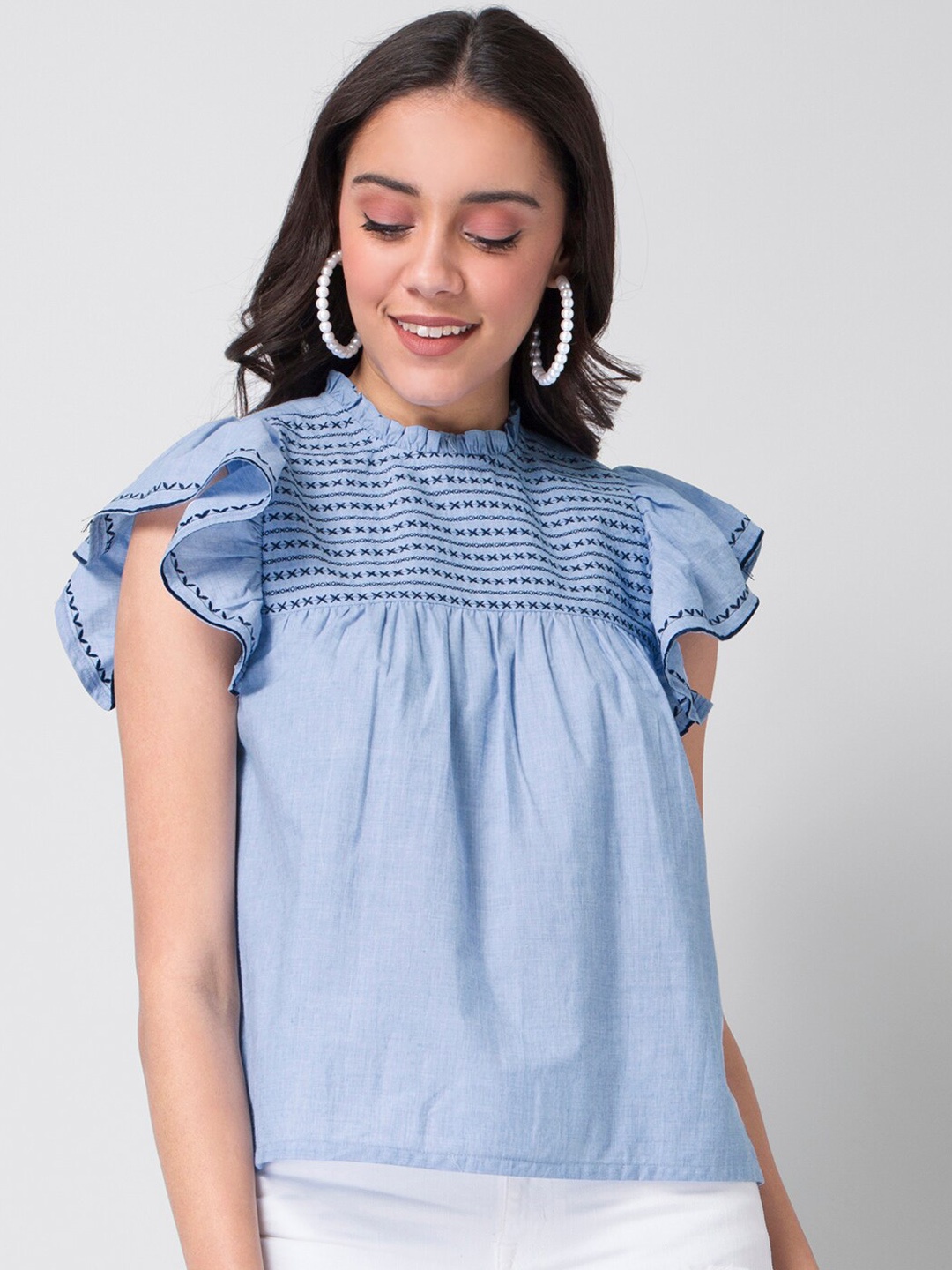 

FabAlley Blue Flutter Sleeves Pure Cotton Chambray Regular Top