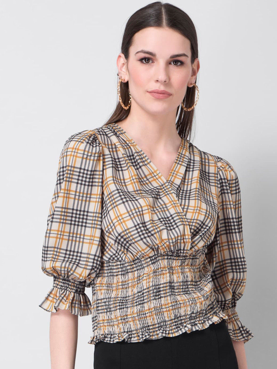 

FabAlley Black & Mustard Checked Puff Sleeves Georgette Wrap Top