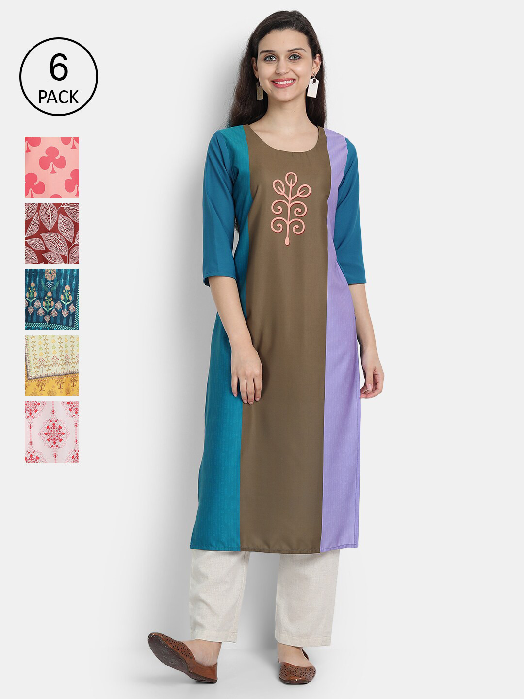 

7threads Women Multicoloured Pack of 6 Floral Printed Crepe Kurta, Multi