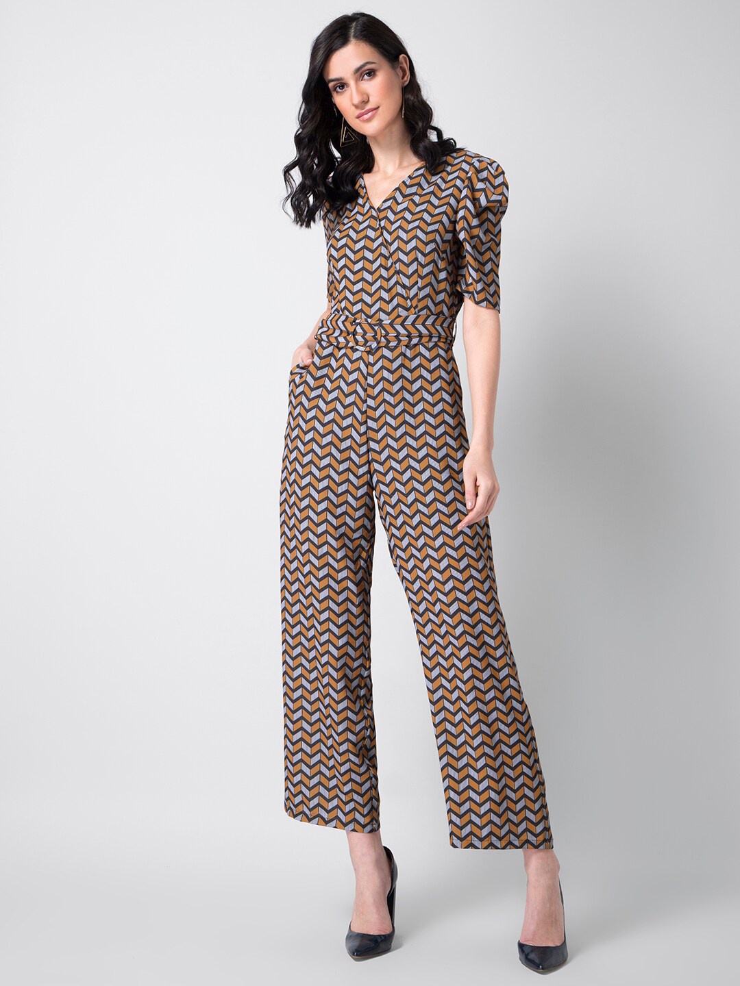 

FabAlley Women Mustard Yellow & Grey Printed Basic Jumpsuit