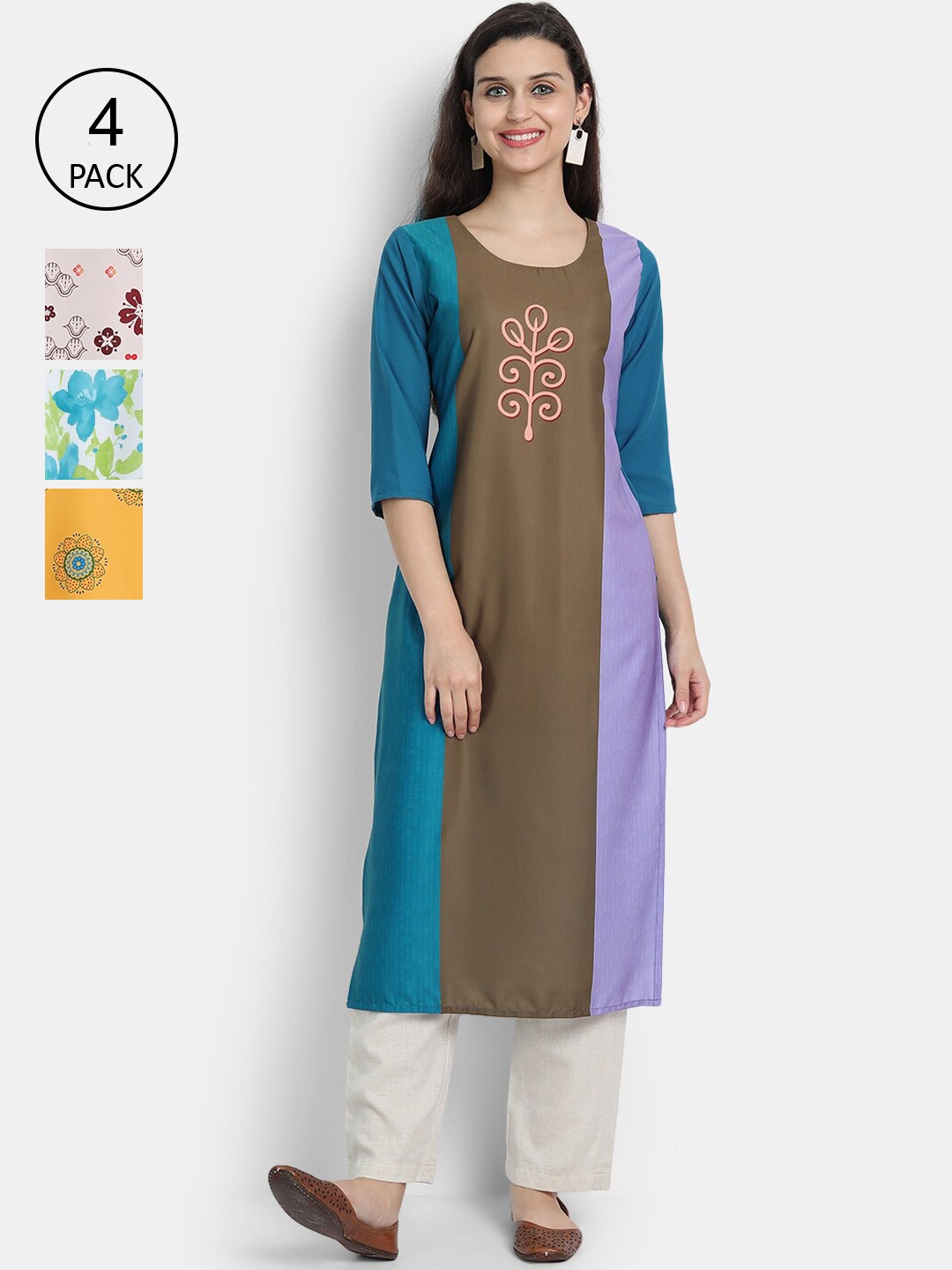 

7threads Women Pack of 4 Multicoloured Printed Crepe Kurta, Multi
