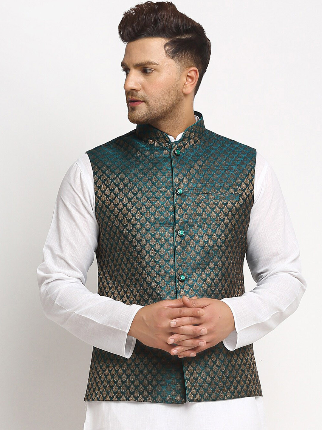 

TREEMODA Men Green & Gold Coloured Embellished Woven Nehru Jacket