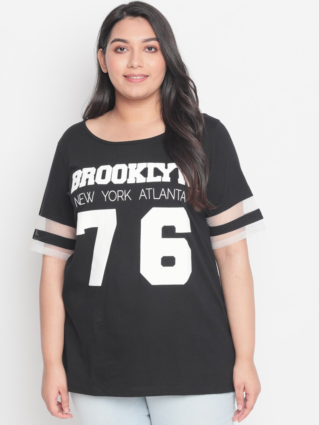 

Amydus Women Plus Size Black Printed Round Neck Cotton T-shirt
