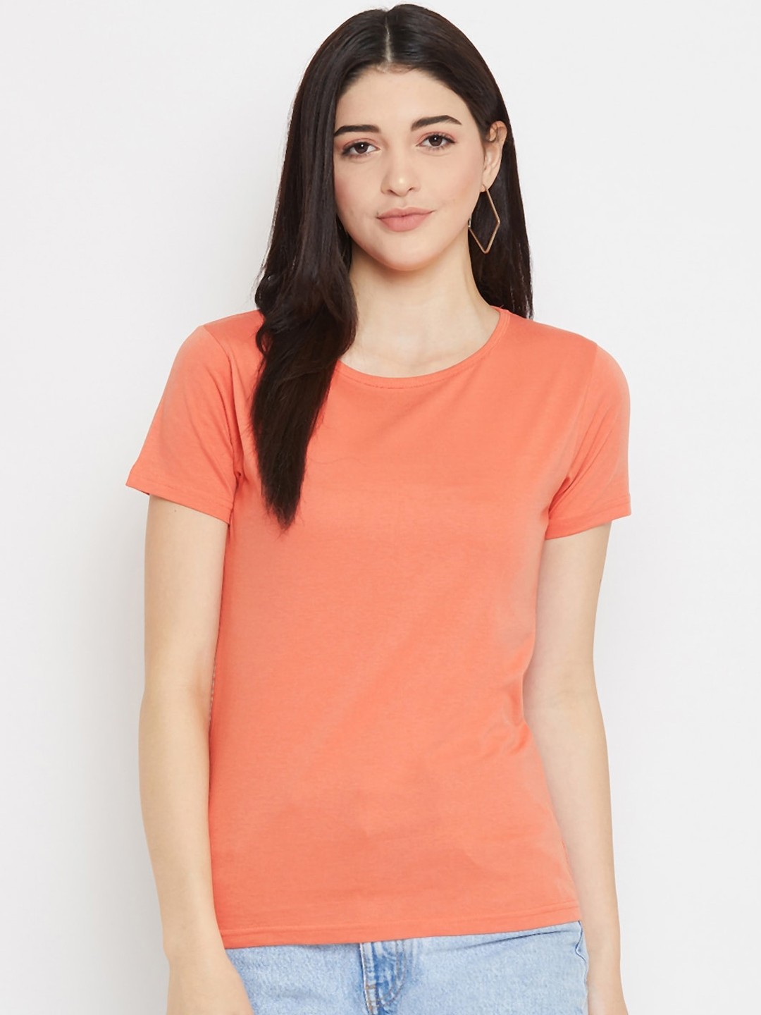 

Rodzen Women Peach-Coloured Slim Fit Solid Round Neck T-shirt