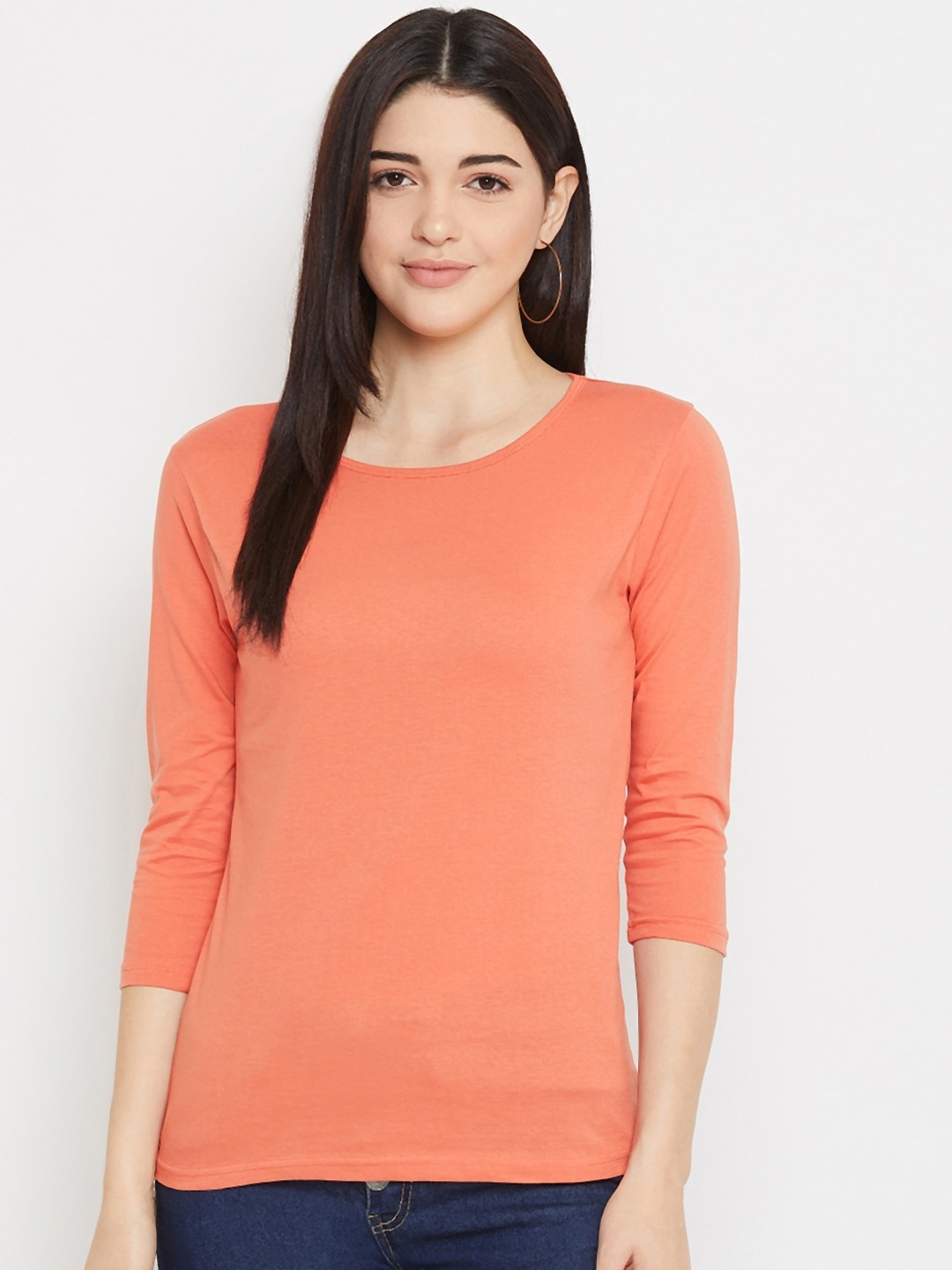 

Rodzen Women Peach-Coloured Solid Round Neck T-shirt