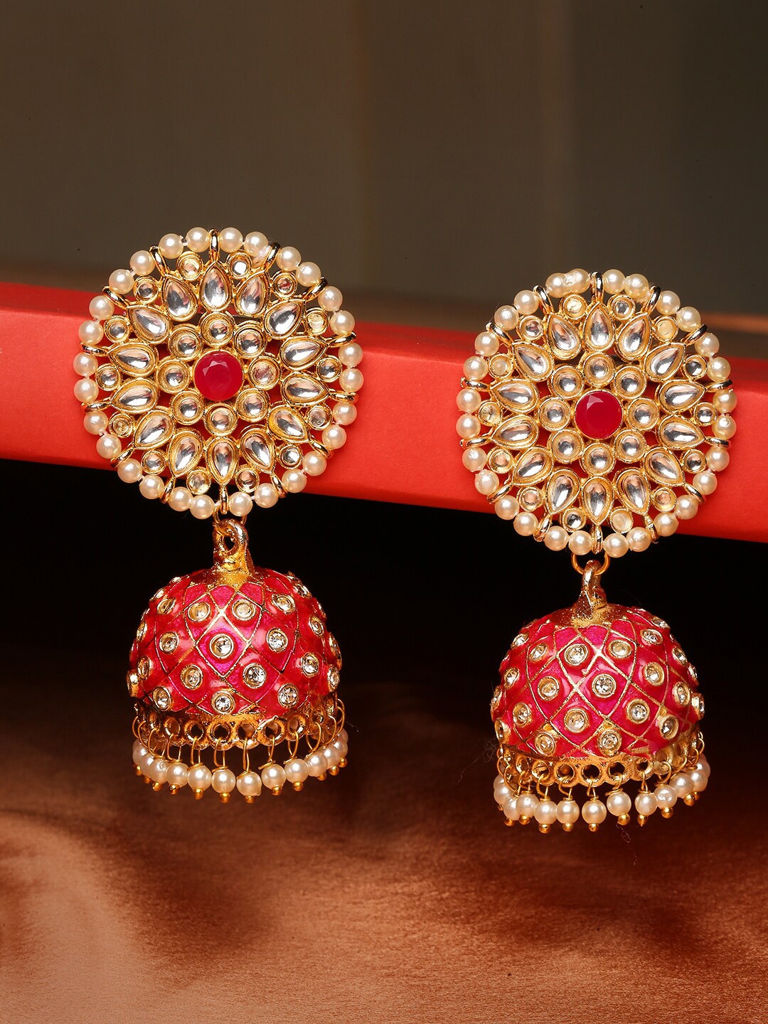 

OOMPH Pink Meenakari Enamel Kundan & Pearl Studded Dome Shaped Jhumkas