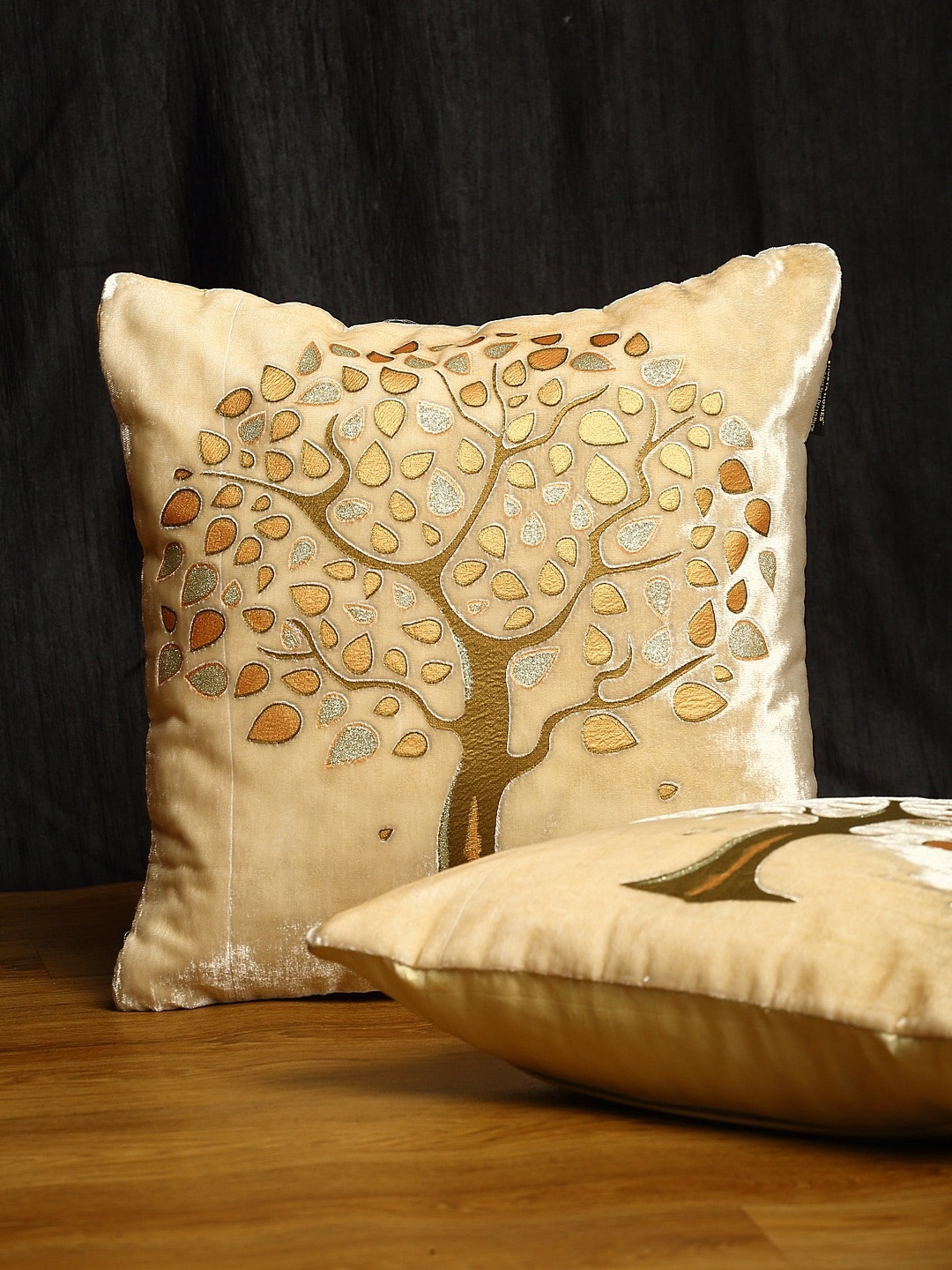 

HOSTA HOMES Cream-Coloured & Gold-Toned Set of 2 Ethnic Motifs Square Cushion Covers