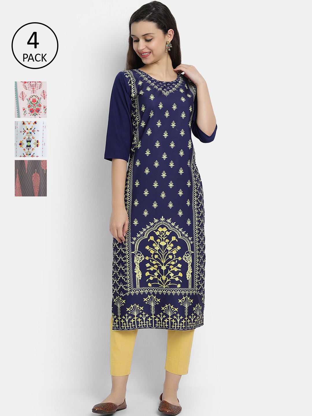 

7Threads Women Multicoloured Set of 4 Ethnic Motifs Printed Crepe Kurta, Multi