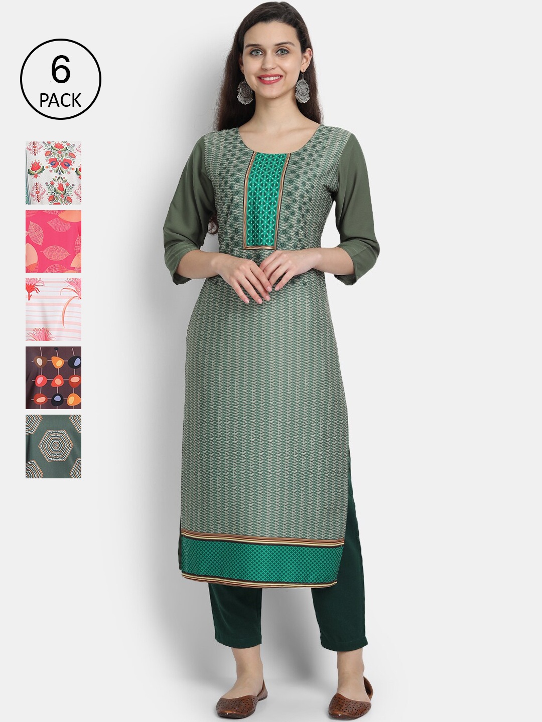 

7Threads Women Multicoloured Set of 6 Ethnic Motifs Printed Crepe Kurta, Multi