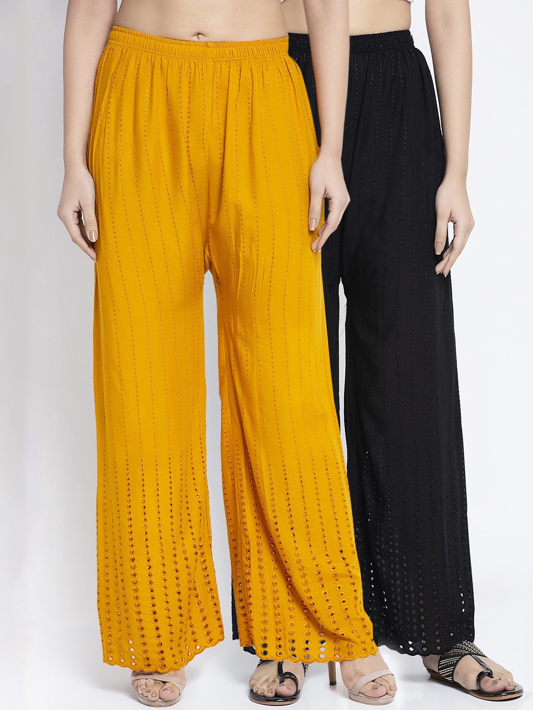 

GRACIT Women Set of 2 Black & Yellow Embroidered Flared Palazzos