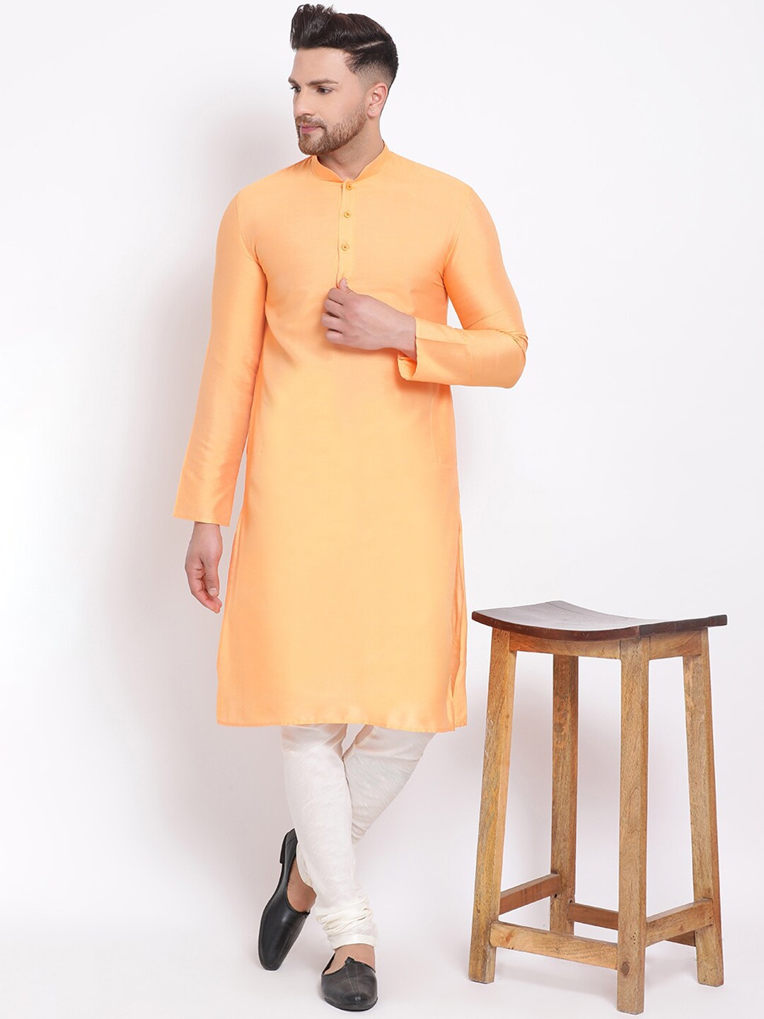 Sanwara Men Orange & White Solid Kurta with Churidar