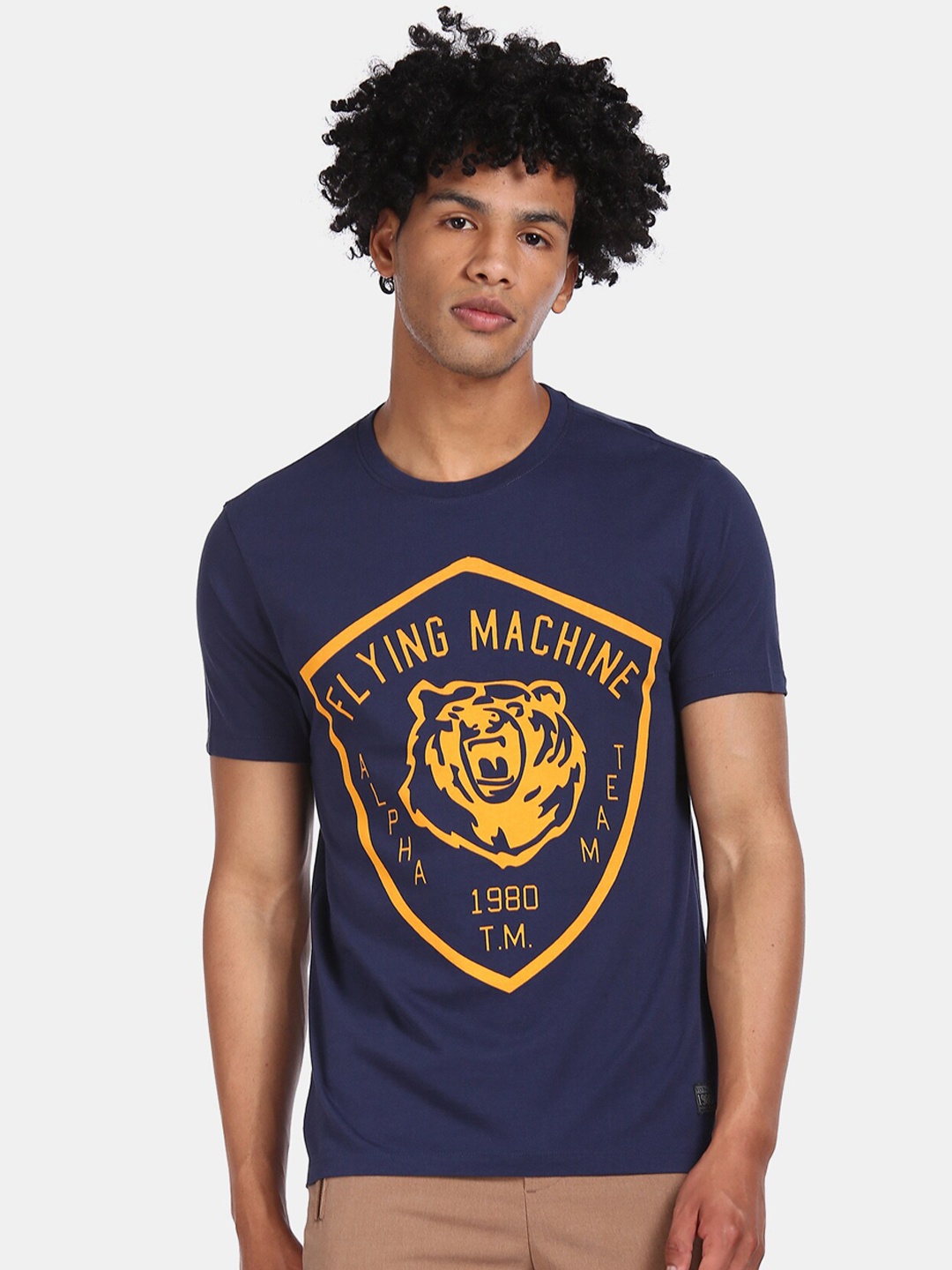 Flying Machine Men Blue Printed Round Neck Cotton Pure Cotton T-shirt