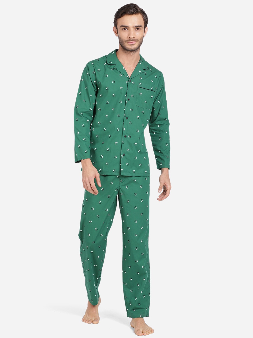 Bene Kleed Men Green Printed Night Suit Set