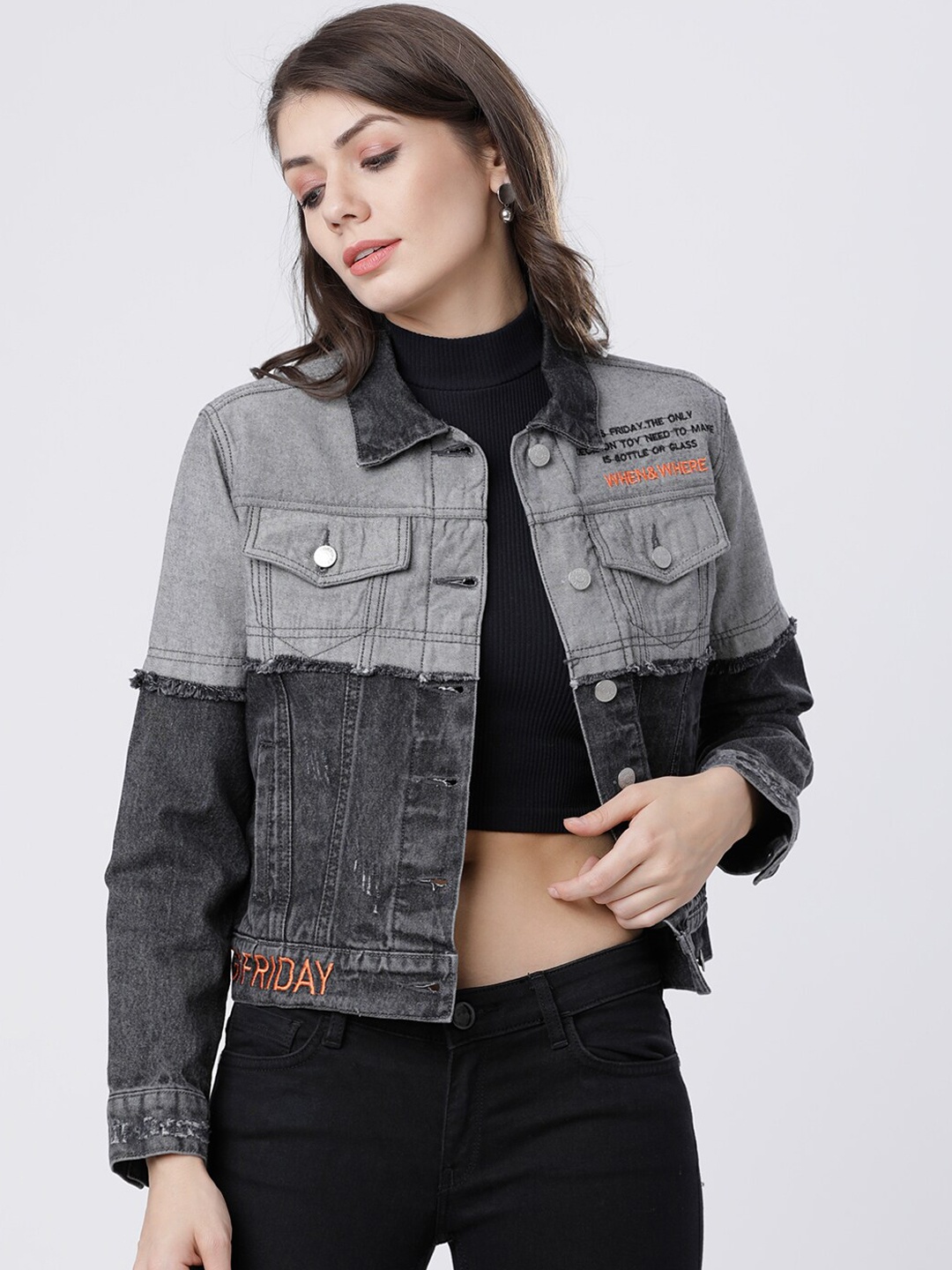 

Tokyo Talkies Women Grey Colourblocked Denim Jacket