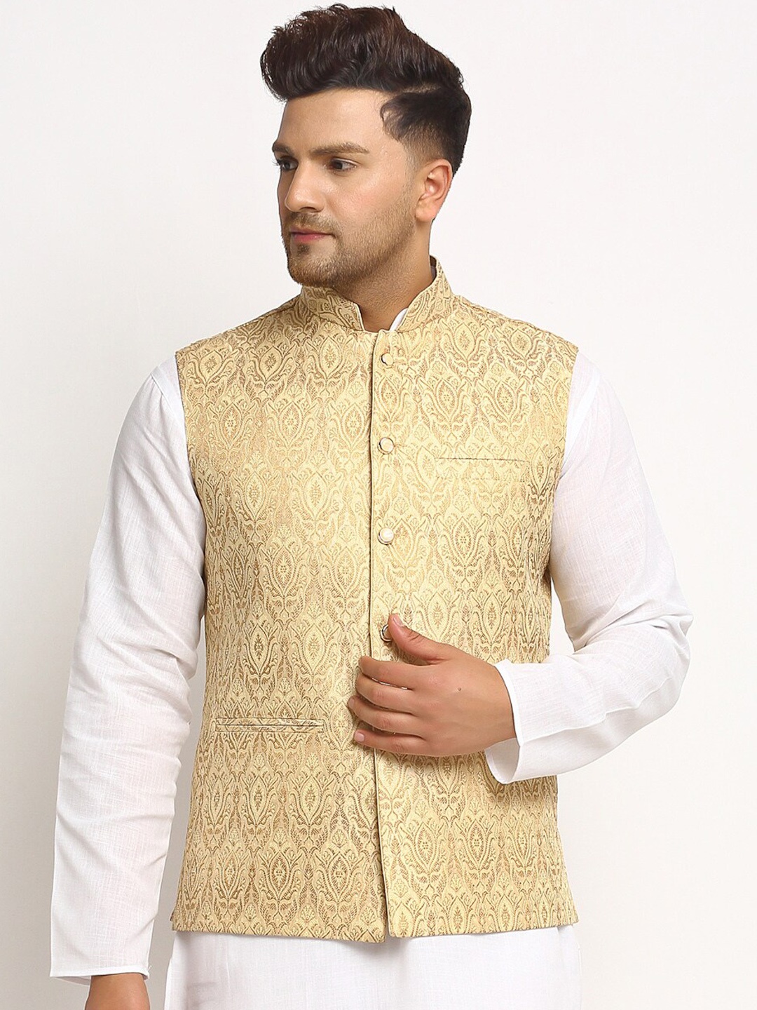 

TREEMODA Men Gold Coloured Woven-Design Brocade Nehru Jacket