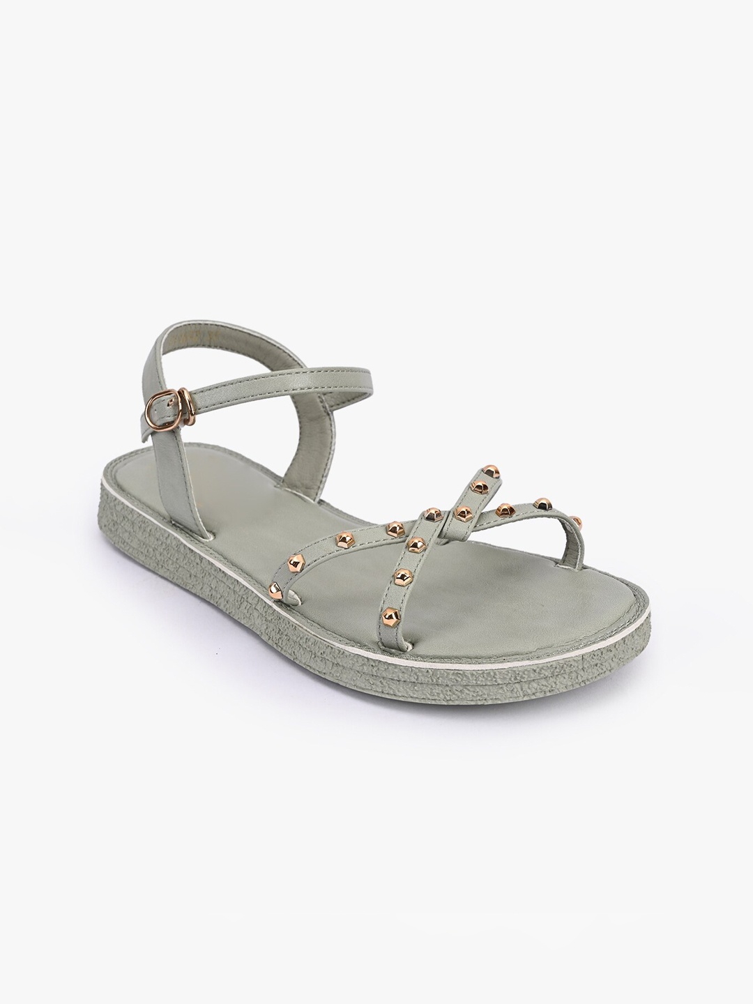 

BuckleUp Women Green Textured Synthetic Patent Open Toe Flats
