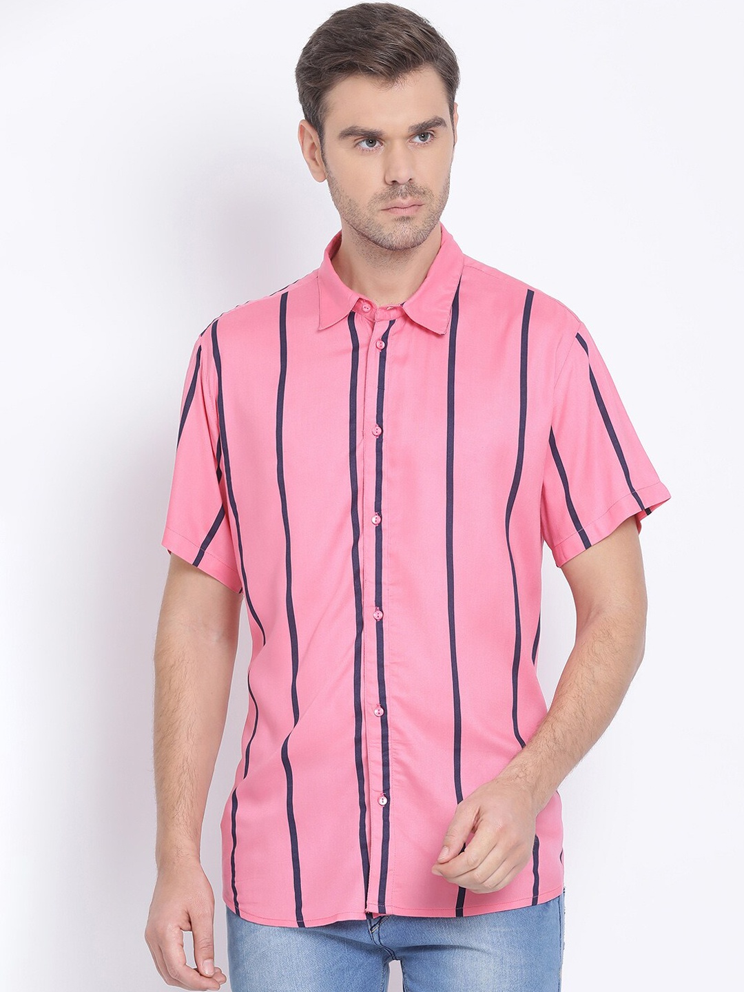 

Oxolloxo Men Pink & Navy Blue Regular Fit Striped Casual Shirt
