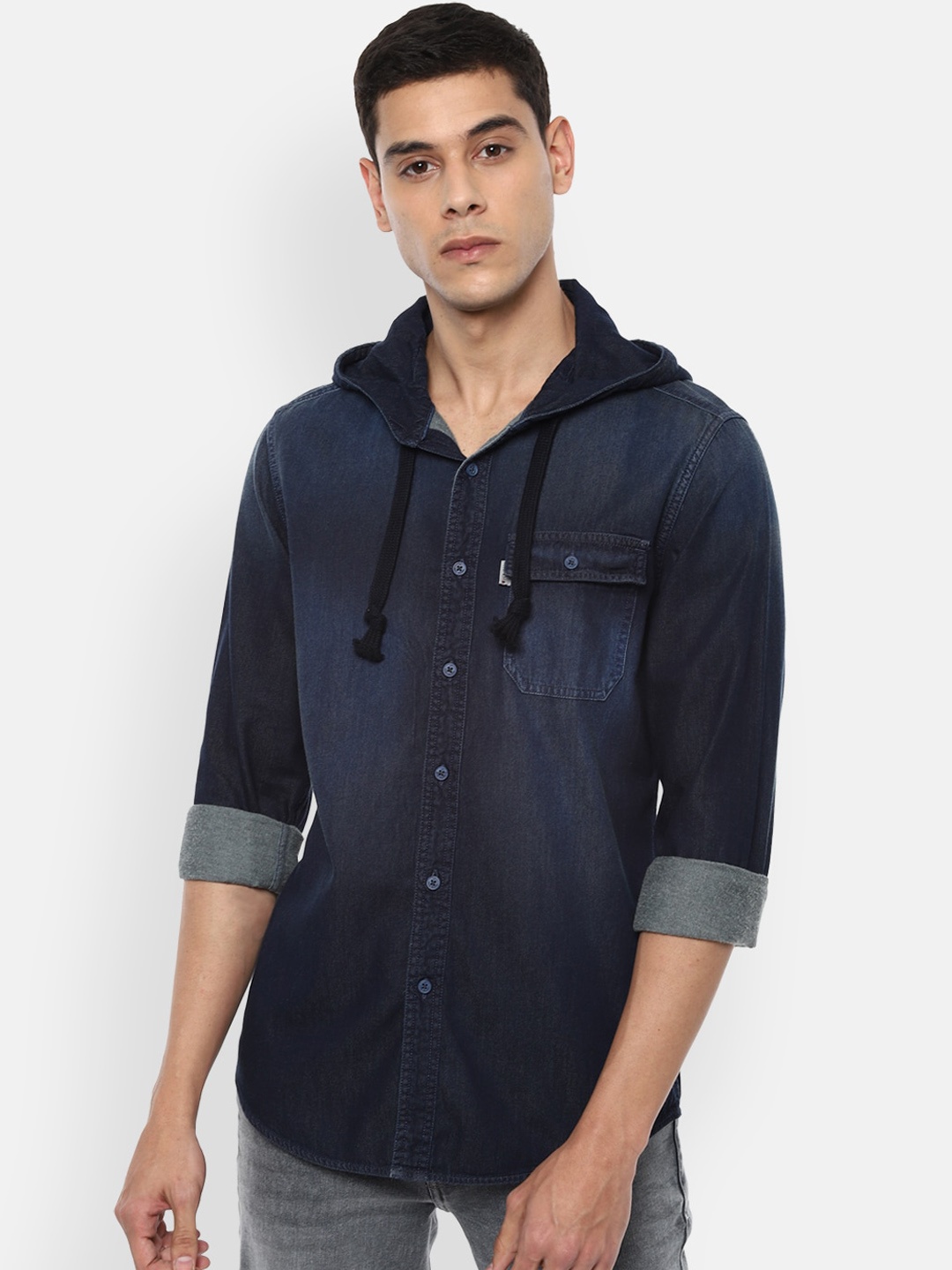Louis Philippe Jeans Men Navy Blue Slim Fit Faded Casual Cotton Shirt