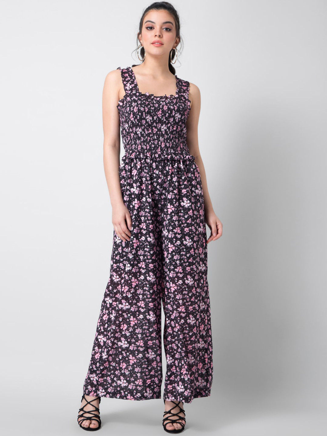 

FabAlley Women Black & Pink Printed Basic Jumpsuit
