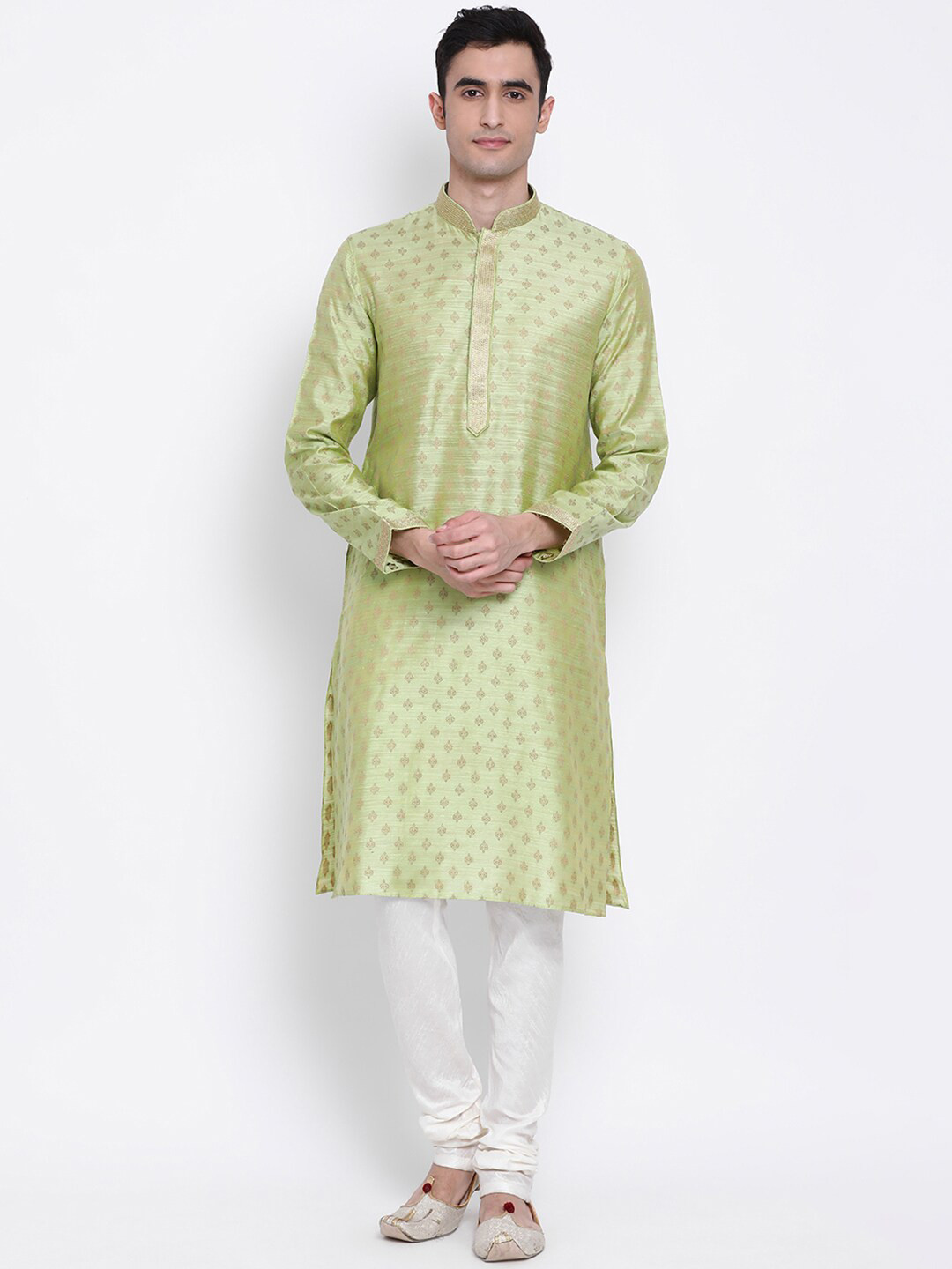 

Sanwara Men Green & White Woven Design Kurta with Churidar