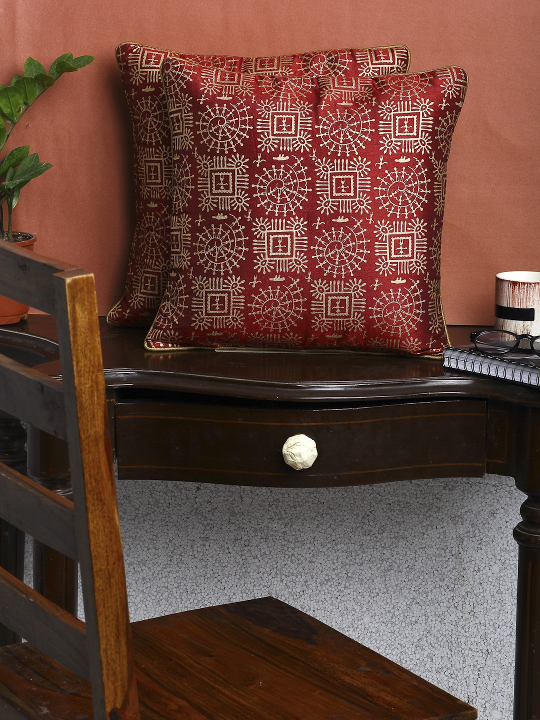 

HOSTA HOMES Maroon & Beige Set of 2 Geometric Square Cushion Covers