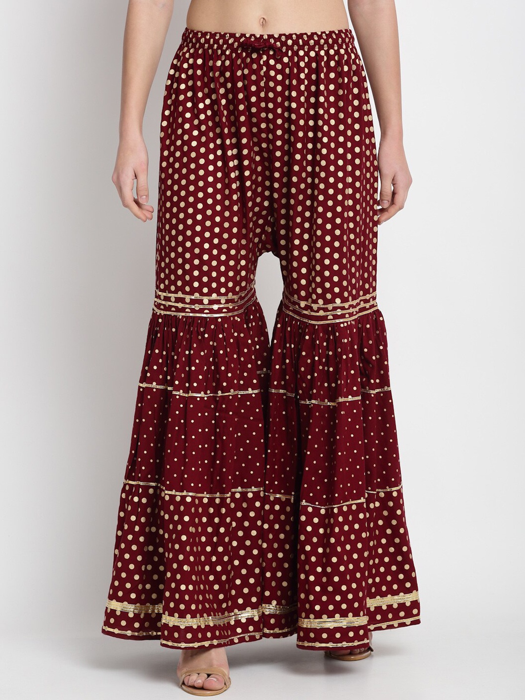 

Miaz Lifestyle Women Maroon & Gold Flared Foil Printed Sharara
