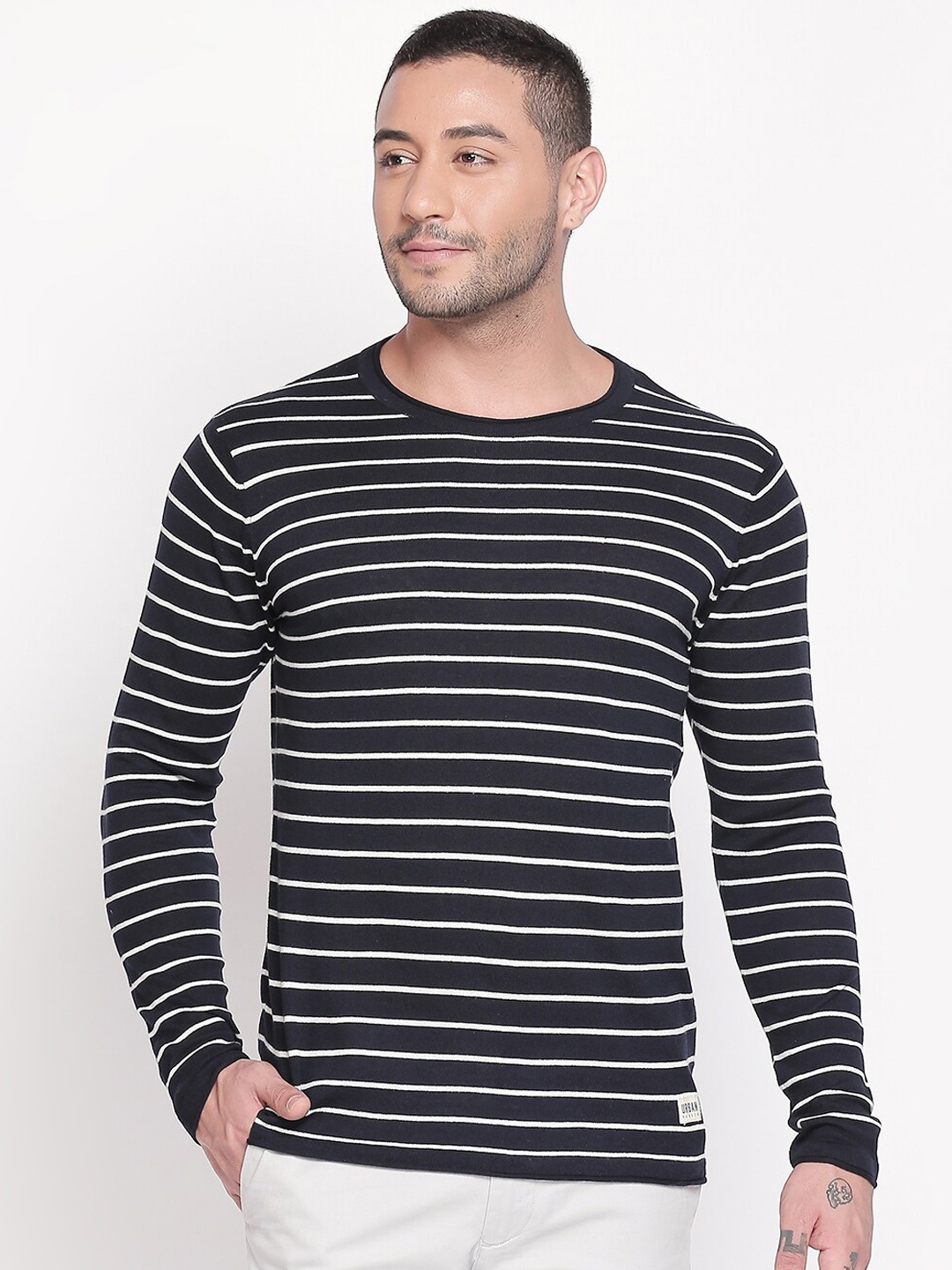 

Urban Ranger by pantaloons Men Navy Blue Striped Sweater