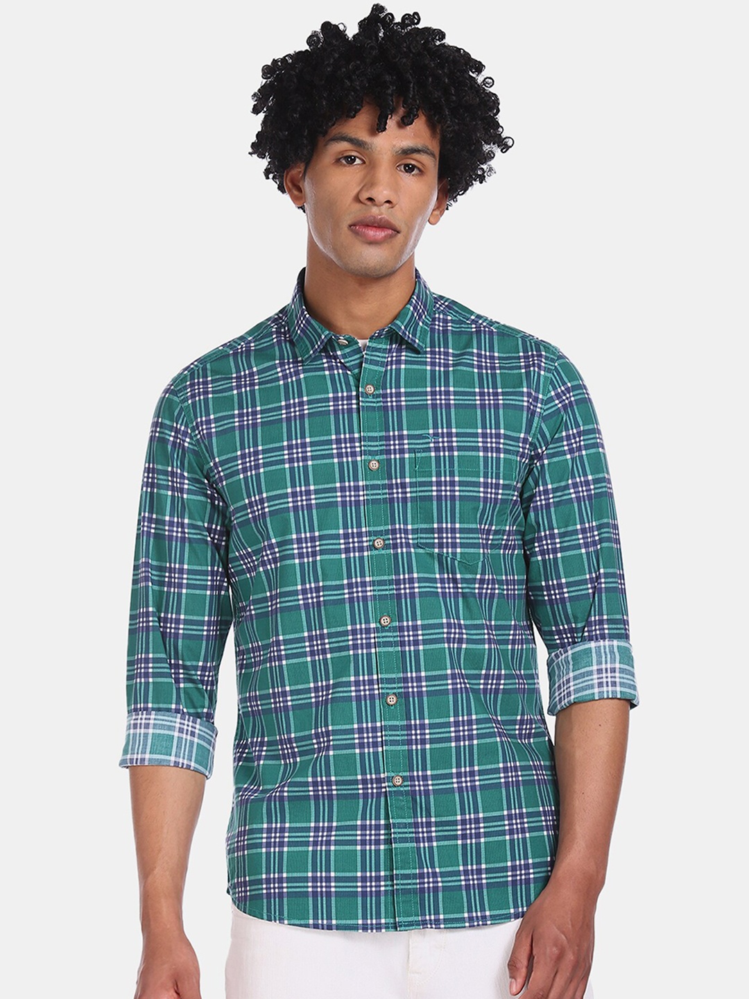 

Flying Machine Men Green & Blue Regular Fit Checked Casual Shirt