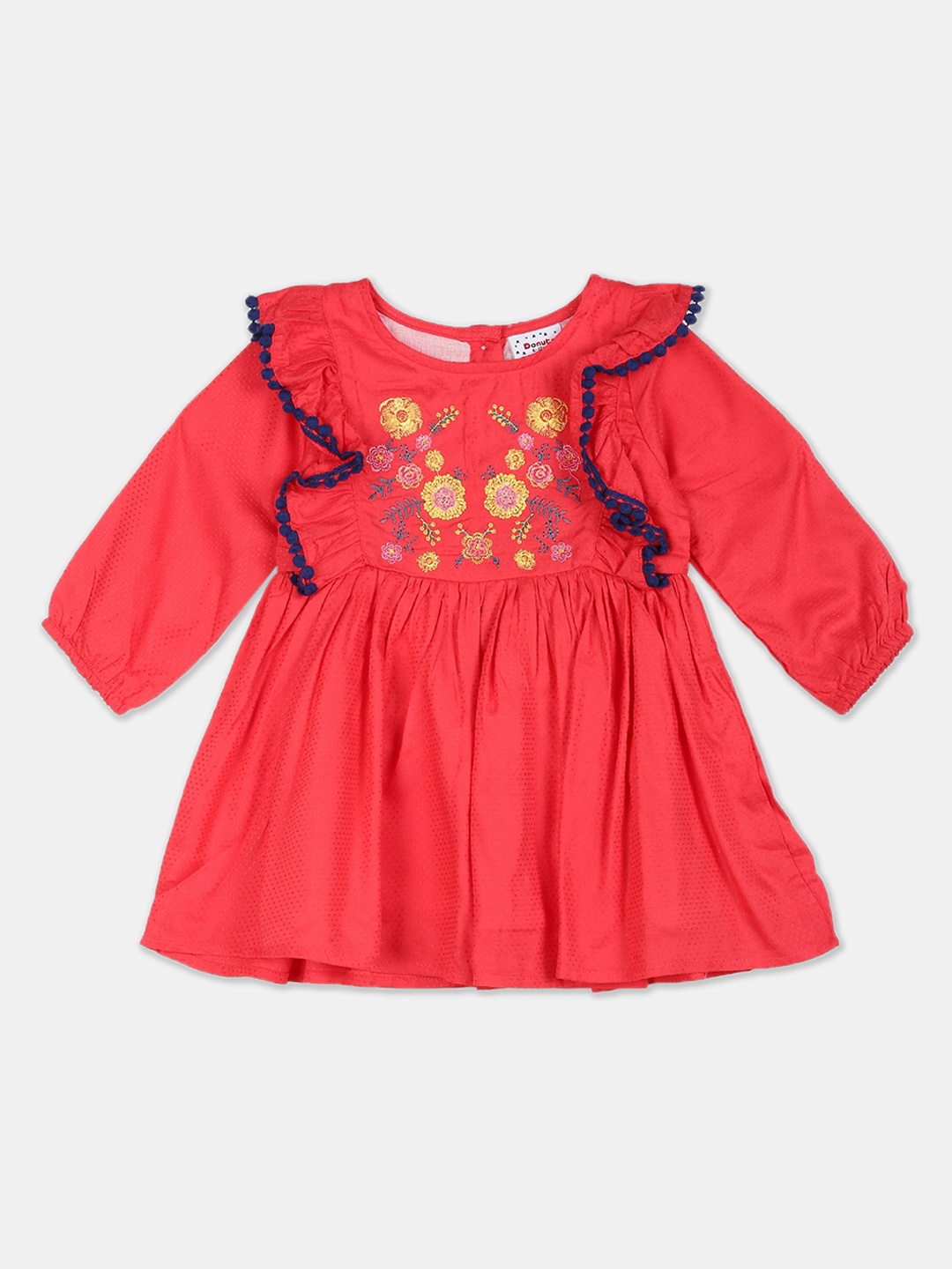 

Donuts Girls Red Embroidered Fit and Flare Dress