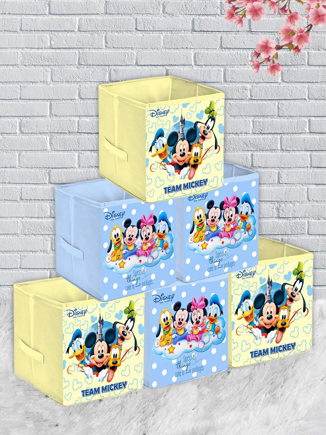 Kuber Industries Set Of 6 Disney Print Extra Large Foldable Storage Cube With Handle, Cream