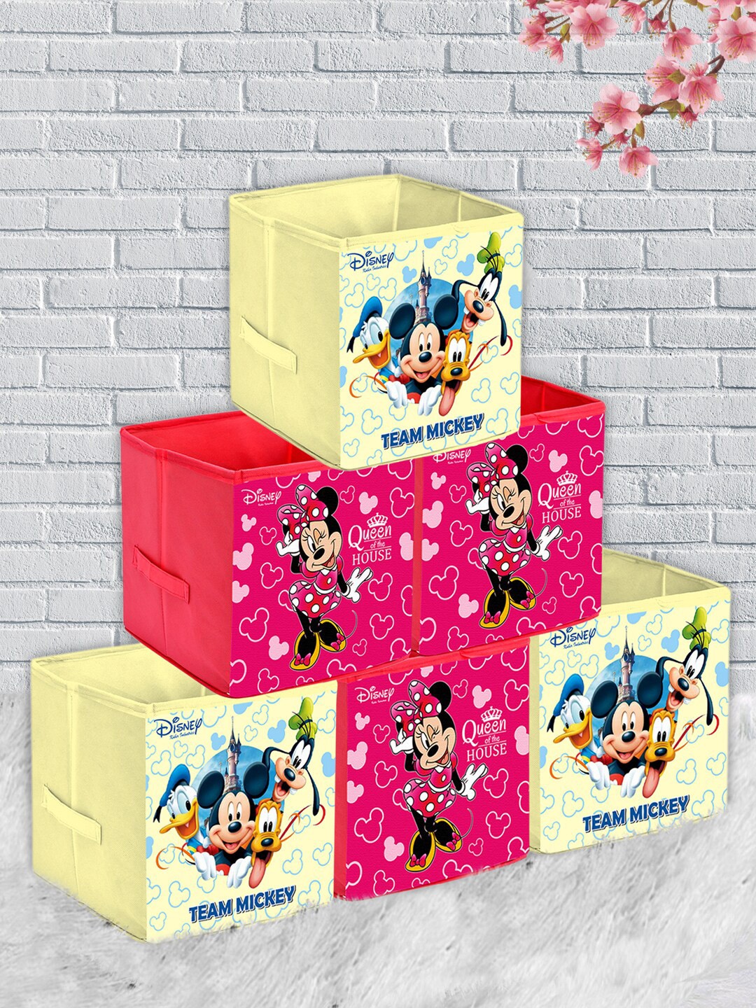 Kuber Industries Set Of 6 Pink & Yellow Printed Foldable Storage Cube Organisers