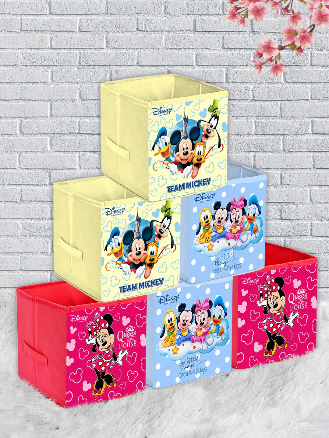 

Kuber Industries Set of 6 Disney Printed Foldable Storage Cubes With Handle, Pink