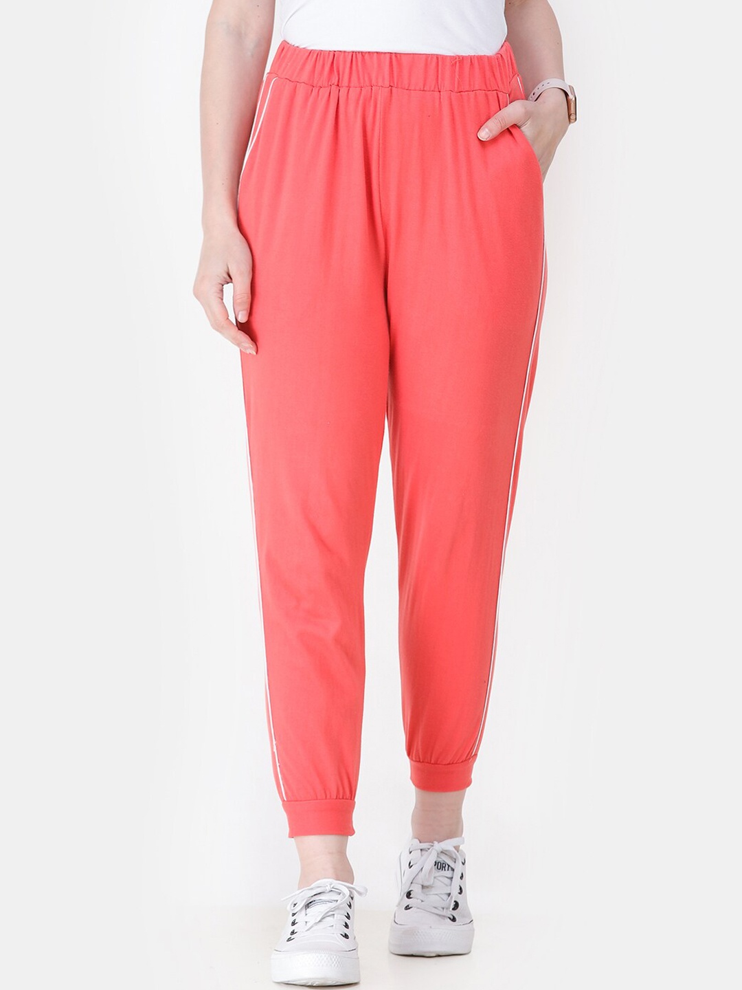 Cation Women Coral Orange Solid Cropped Joggers
