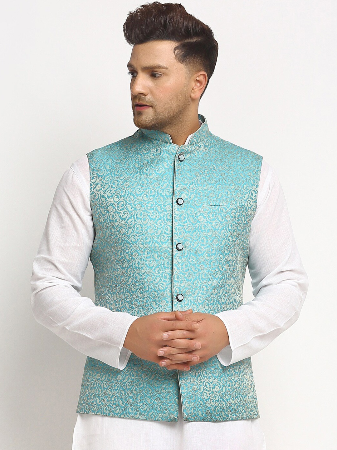 TREEMODA Men Turquoise Blue Embellished Woven Nehru Jacket