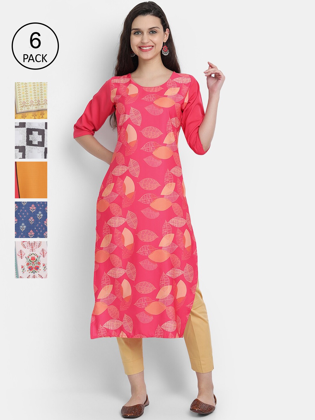 

7threads Women Pack Of 6 Multicoloured Floral Printed Crepe Kurta, Multi