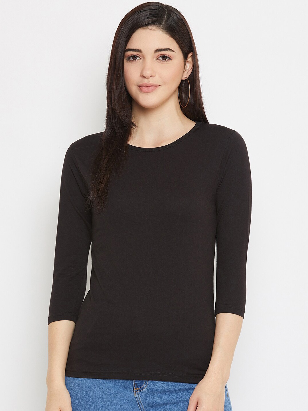 

Rodzen Women Black Solid Round Neck T-shirt