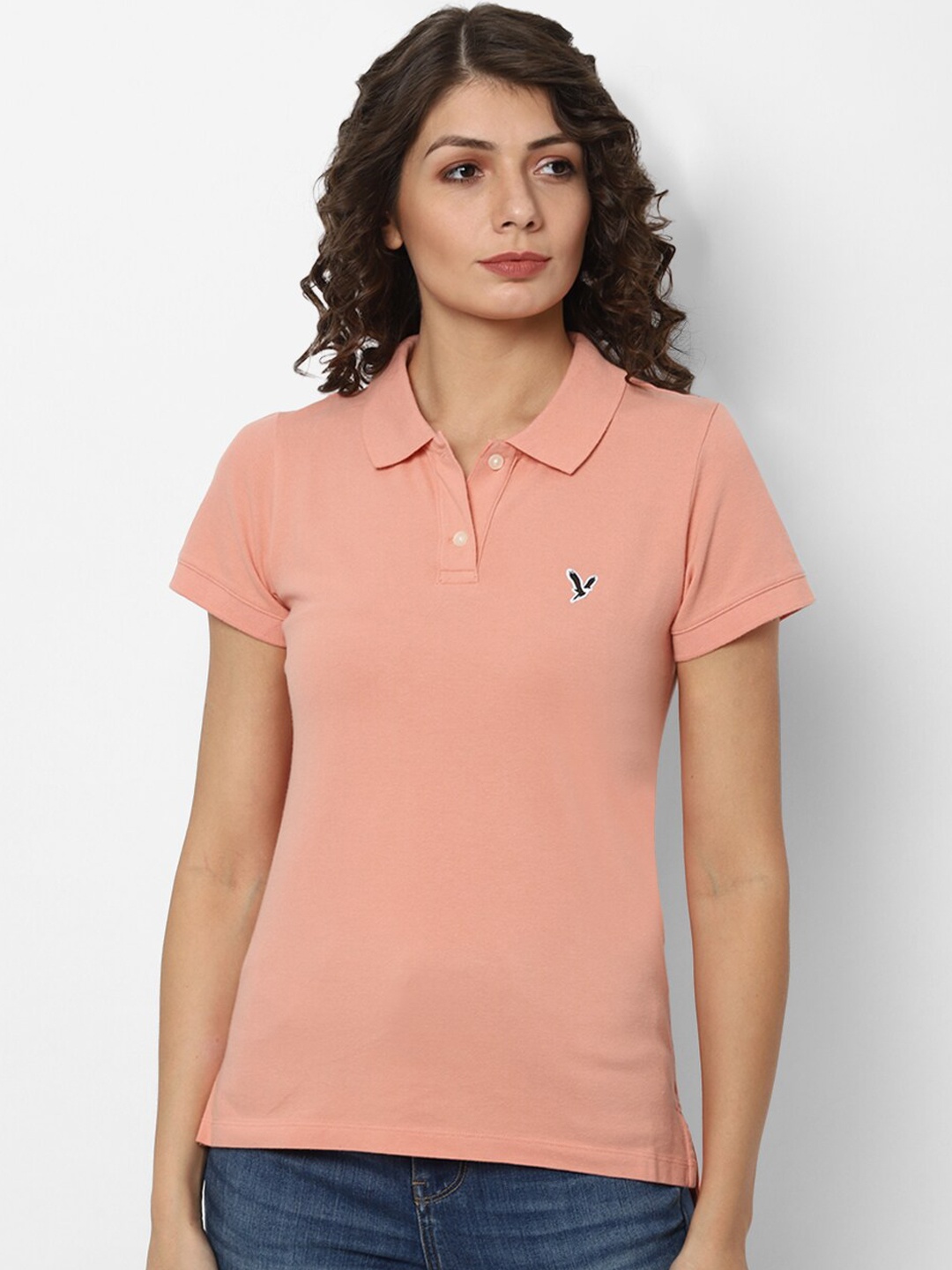 

AMERICAN EAGLE OUTFITTERS Women Pink Solid Polo Collar T-shirt