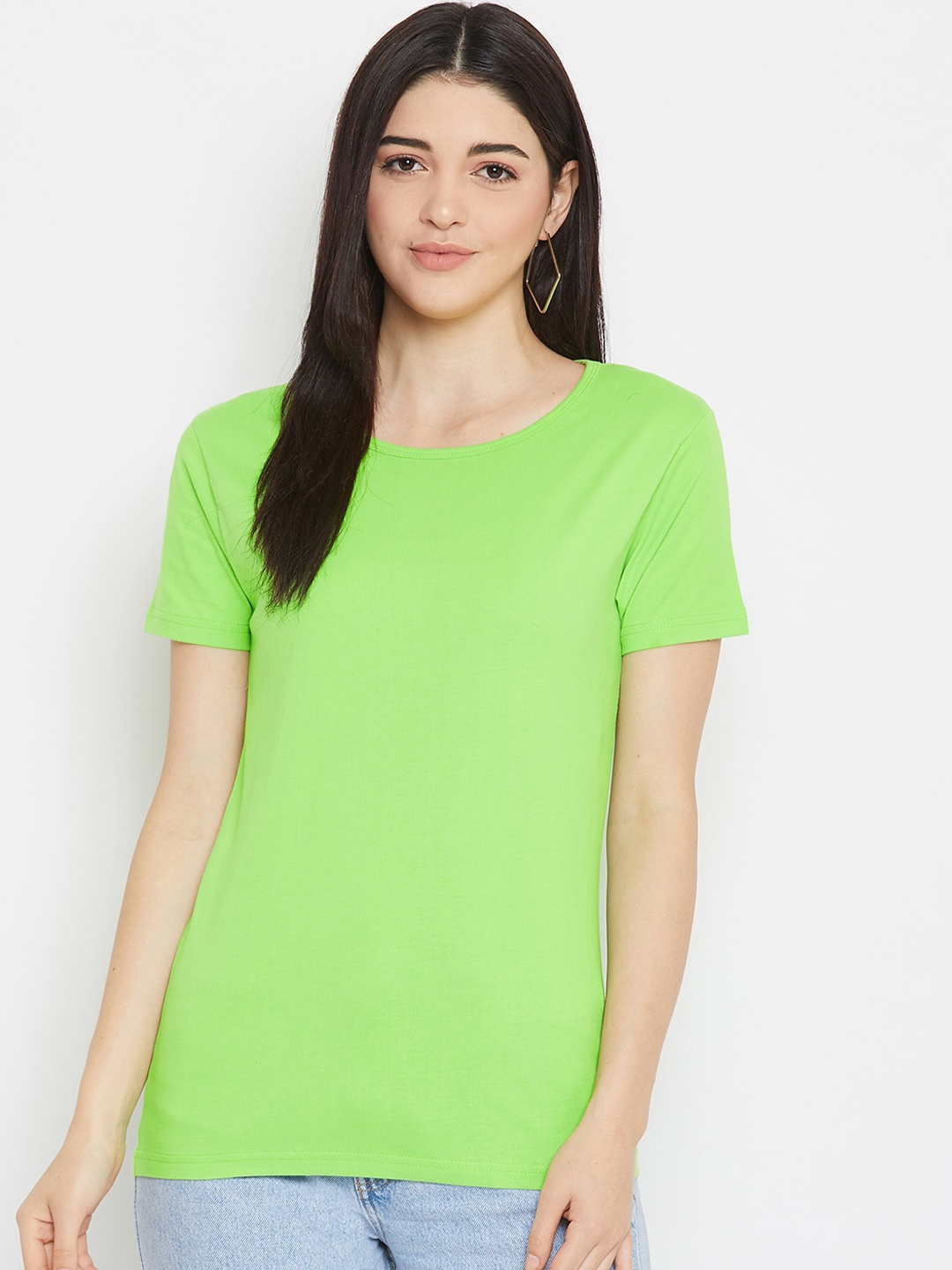 Rodzen Women Fluorescent Green Solid Round Neck T-shirt