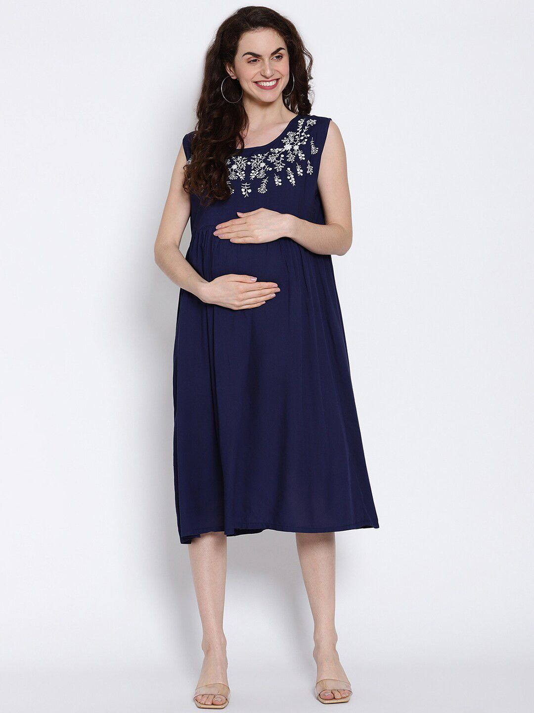 

The Vanca Women Navy Blue Embroidered A-Line Maternity Dress