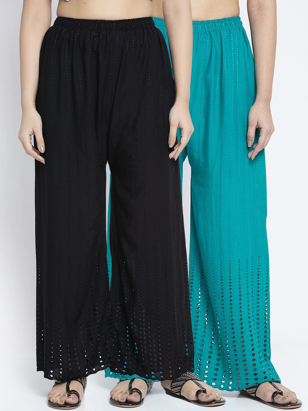 

GRACIT Women Pack of 2 Black & Turquoise Blue Embroidered Flared Palazzos
