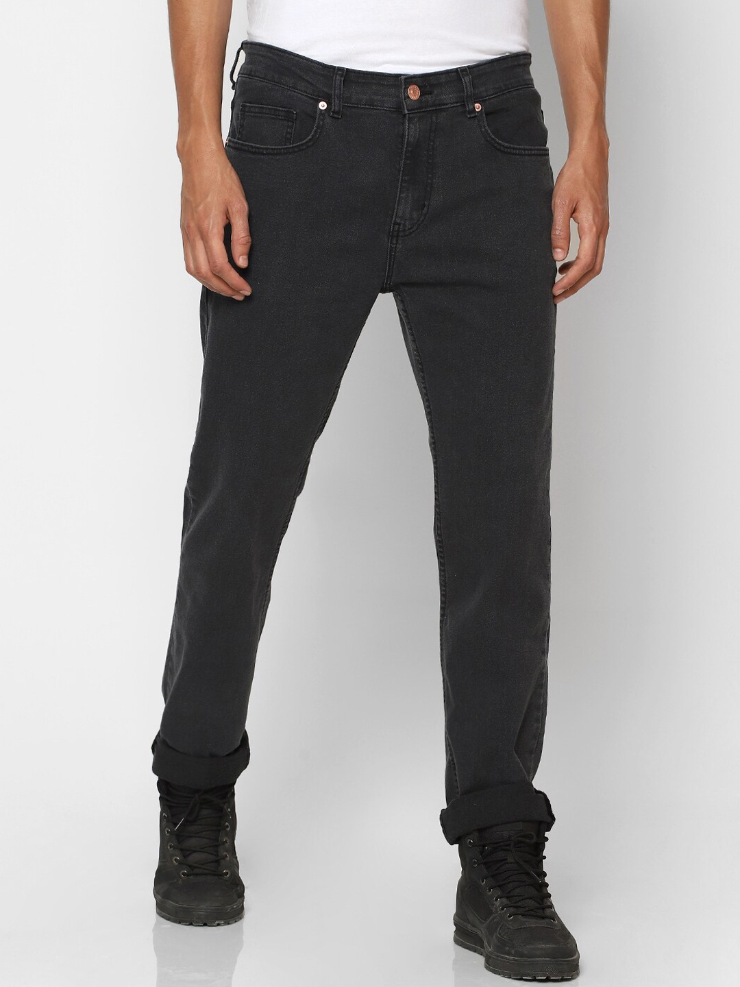 

FOREVER 21 Men Grey Regular Fit Mid-Rise Clean Look Stretchable Jeans