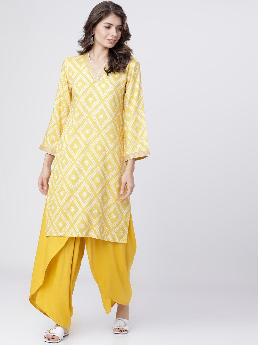 

Vishudh Women Yellow Printed Kurta with Dhoti Pants