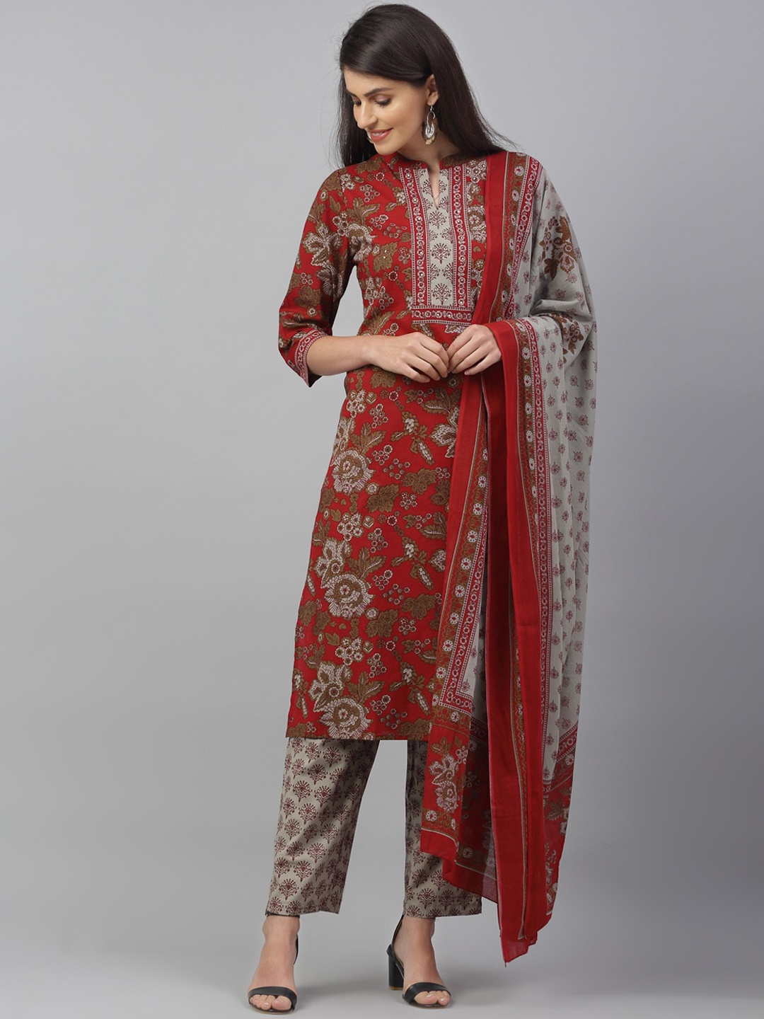 

ANAISA Women Maroon & Beige Printed Kurta with Trousers & Dupatta