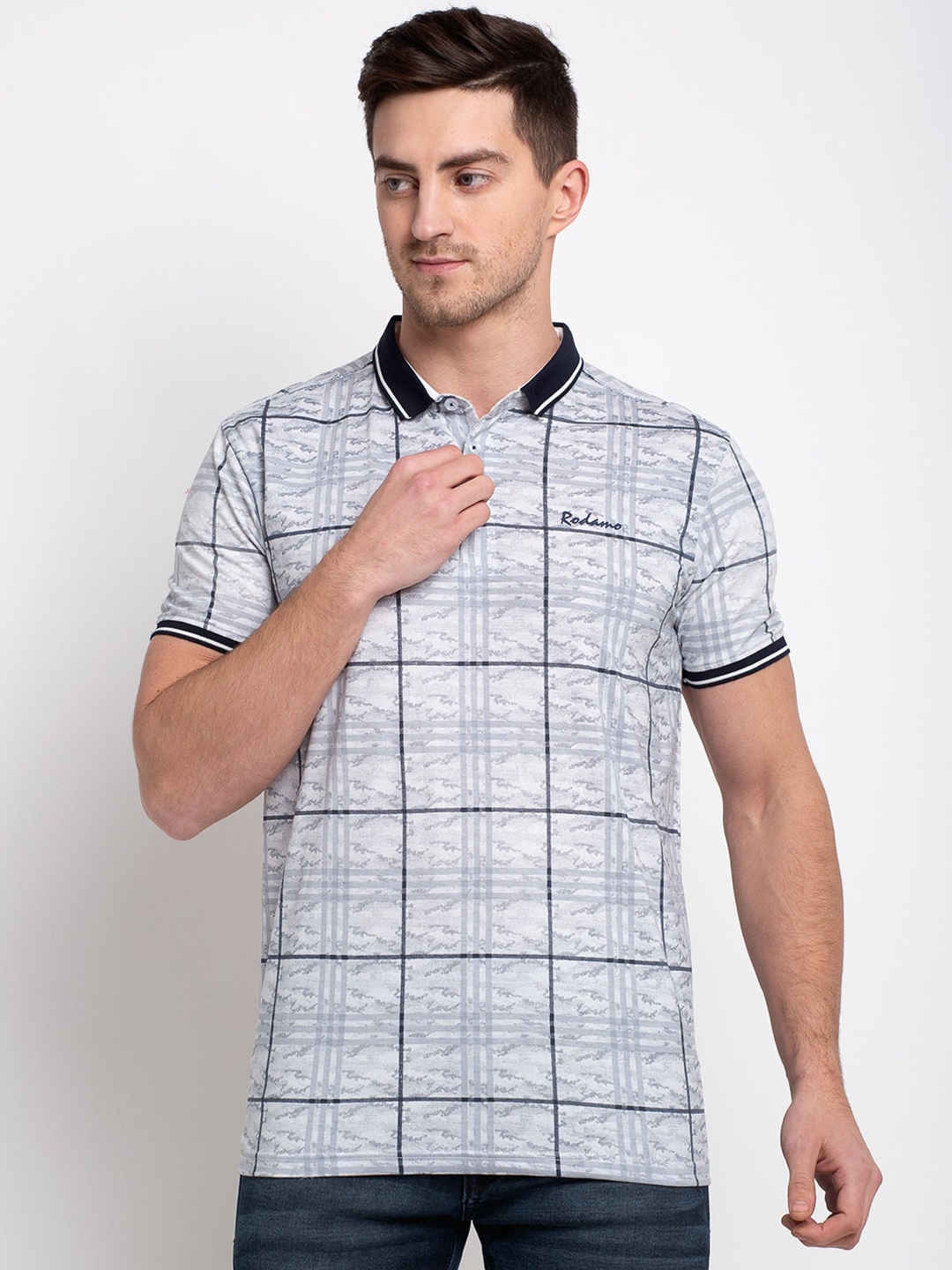 

Rodamo Men Grey Checked Polo Collar T-shirt