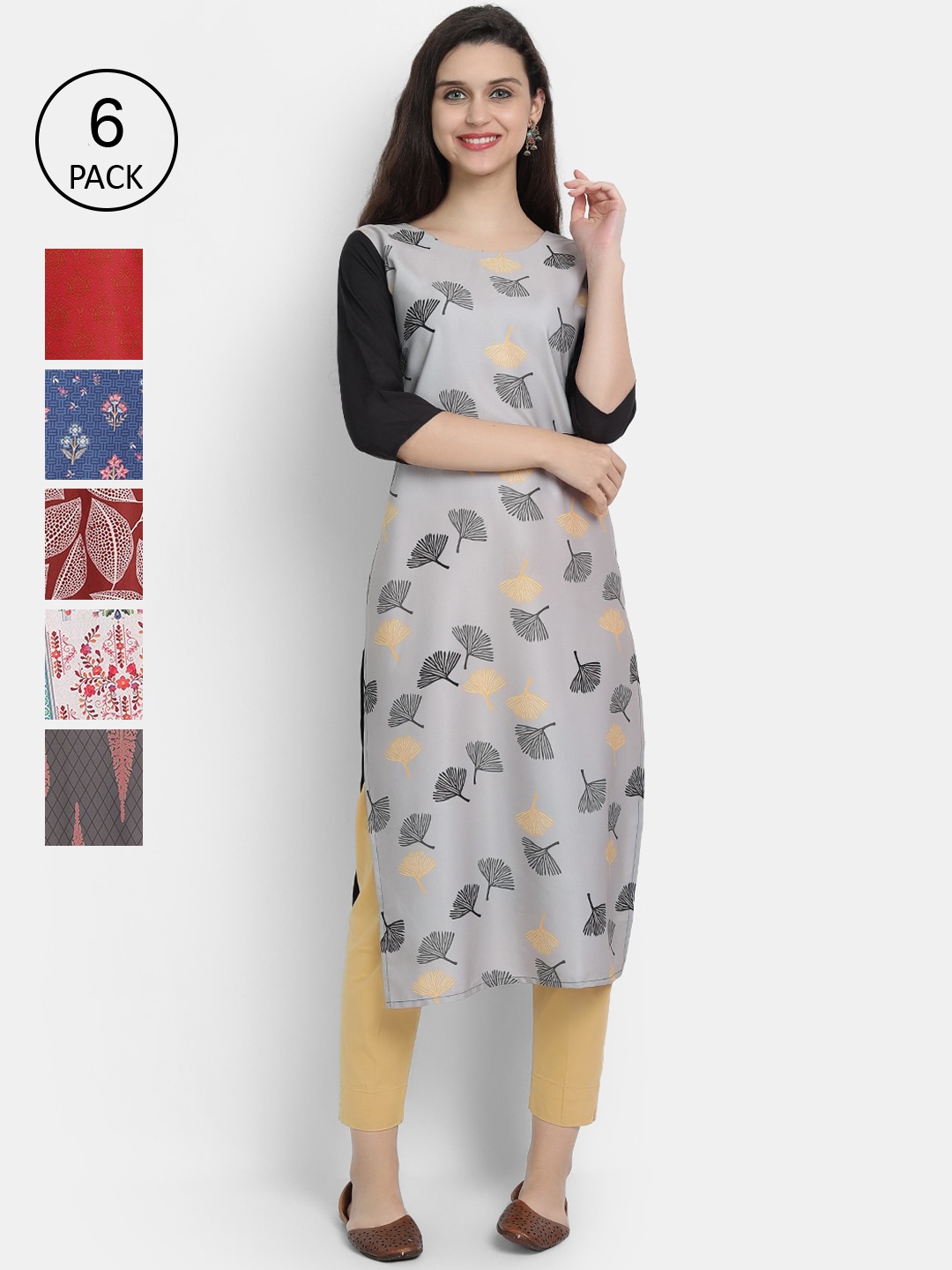 

7threads Women Pack Of 6 Multicoloured Floral Printed Crepe Kurta, Multi