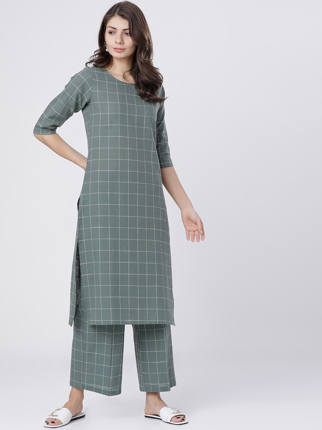 

Vishudh Women Green Checked Straight Kurta